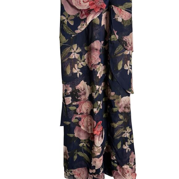 Xscape Surplice Tiered Navy Floral Print Chiffon Flutter Sleeve Evening Gown 4 - Picture 7 of 11
